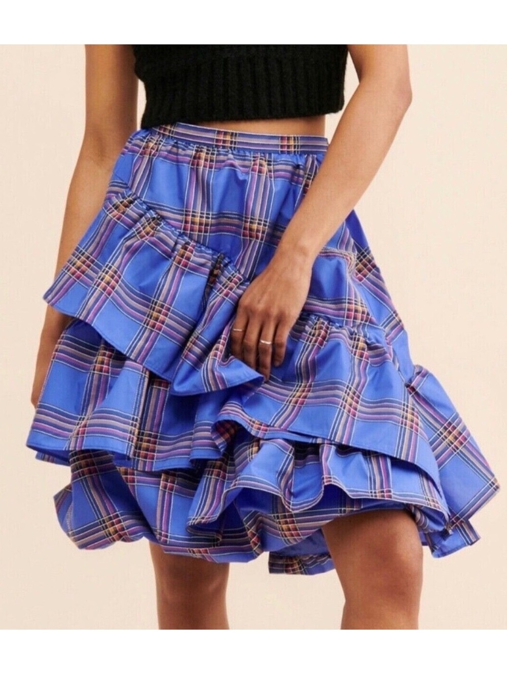 Maeve by Anthropologie Blue Plaid Tiered Ruffle Skirt Size 8